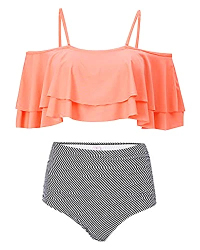 Elegant High Waisted Bikini Set Swimsuit Tummy Control-Coral Pink Stripe 2 Elegant High Waisted Bikini Set Swimsuit Tummy Control-Coral Pink Stripe - Image 2