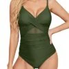 Women's Tummy Control Cutout Mesh One Piece Swimwear-Army Green