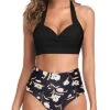 Halter Neck High Waist Bikini Push Up Bra For Women-Black Floral