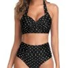 Adjustable Self-Tie Halter Neck Vintage High Waisted Bikini-Black Dot
