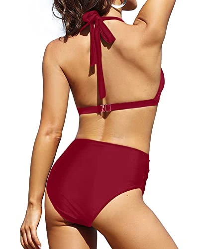 Flattering High Waist 2 Piece High Waisted Bikini Swimsuit-Red 2 Flattering High Waist 2 Piece High Waisted Bikini Swimsuit-Red - Image 2