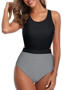 Removable Padded Bras Support Women One Piece Swimsuits-Black Stripe -Bikini Beach Shop 41KalXLN43L