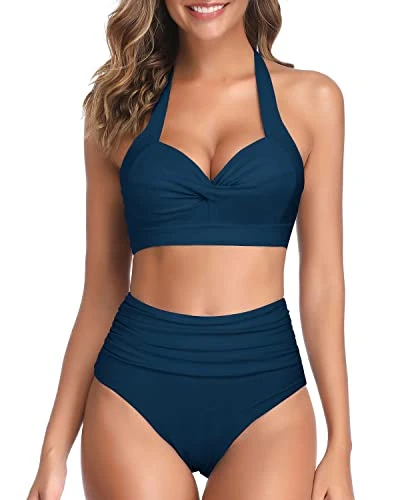 Two Piece Self-Tie Halter Neck Pleated Front Panel Push Up Bikini-Teal 1 Two Piece Self-Tie Halter Neck Pleated Front Panel Push Up Bikini-Teal