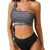 Stylish & Chic High Waisted Two Piece One Shoulder Bikini Set-Black And White Stripe