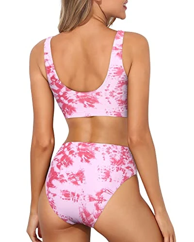 High Cut Bikini Crop Top Bottoms For Long Torso Two Piece Scoop Neck Bikini-Pink Tie Dye 2 High Cut Bikini Crop Top Bottoms For Long Torso Two Piece Scoop Neck Bikini-Pink Tie Dye - Image 2