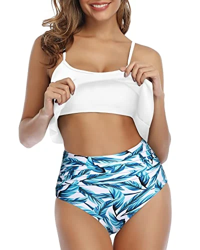 Flirty Ruffle High Waisted Ruched Women's 2 Piece Bikini Set-White Leaf 2 Flirty Ruffle High Waisted Ruched Women's 2 Piece Bikini Set-White Leaf - Image 2