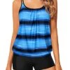 Loose Blouson Tankini Tops Blouson Tankini Swimsuits-Blue And Black Stripe