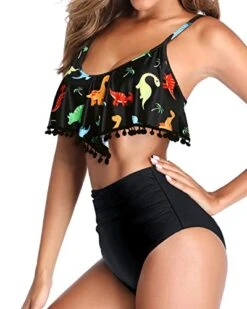 High Waisted Two Piece Bikini Swimsuit Ruffle Flounce Trim-Black Dinosaur -Bikini Beach Shop 41M9JgaDSBL 96474328 445a 410a 9ea8 673933e118ad