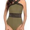 Sexy Shoulder Curve One Piece Tummy Control Bathing Suit-Olive Green