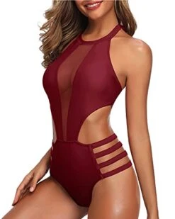 Removable Push Up Bra Mesh Cutout One Piece Monokini Swimwear-Maroon -Bikini Beach Shop 41MGYX34BgS dc55a7cd 013d 4cd2 af09 16ad63221e1f
