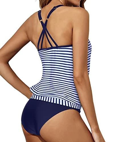 7 Soft Removable Padded Push Up Tankini Swimsuits-Blue White Stripe 2 7 Soft Removable Padded Push Up Tankini Swimsuits-Blue White Stripe - Image 2
