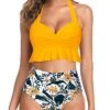 Halter Neck Two Piece Bikini Womens Tummy Control Swimsuits-Yellow Floral