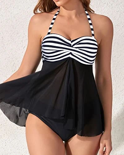 Women's Mid Rise Halter Bandeau Flyaway Tankini Swimsuit-Black And White Stripe 2 Women's Mid Rise Halter Bandeau Flyaway Tankini Swimsuit-Black And White Stripe - Image 2