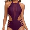Flattering Mesh Swimsuit Sexy One Piece Bathing Suit For Women-Maroon