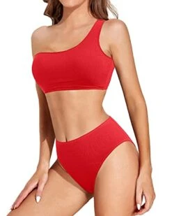Women's High Waisted One Shoulder Bikini High Leg Cut-Red -Bikini Beach Shop 41MlJLe4yJL