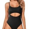Women's Cutout Lace Up Strappy One Piece Swimsuit-Black