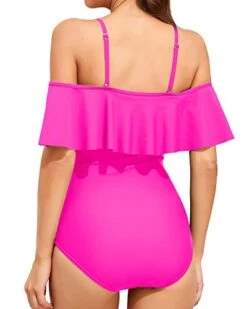 Off Shoulder Ruffled Retro Bathing Suit Flounce Printed One Piece Swimsuit-Neon Pink -Bikini Beach Shop 41MwkWuaHXL