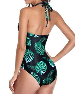 Chic Open Back Tummy Control One Piece Swimsuits-Black And Green Leaf -Bikini Beach Shop 41N0a6nGbKL