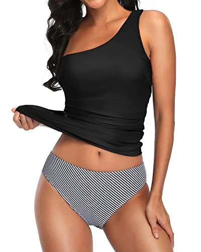 Modest Tummy Control One Shoulder Tankini Swimsuit For Ladies-Black Stripe 2 Modest Tummy Control One Shoulder Tankini Swimsuit For Ladies-Black Stripe - Image 2