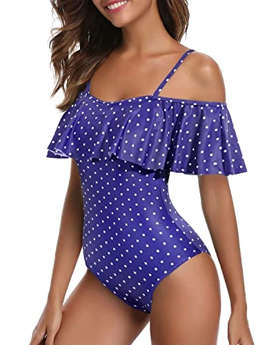 Retro Tummy Control One Piece Swimsuit Off Shoulder Women's Bathing Suit-Navy Blue Polka Dot 2 Retro Tummy Control One Piece Swimsuit Off Shoulder Women's Bathing Suit-Navy Blue Polka Dot - Image 2