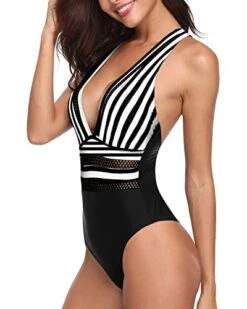 Stunning Hollow Out Deep V Neck Criss-Cross Back Swimsuits-Black And White Stripe -Bikini Beach Shop 41NIyuznY6L 1c7f30f6 64b0 4d51 bcf1 2082ee87e141