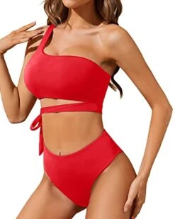 Two-Piece Ruched High Waisted One Shoulder Bikini Set-Red -Bikini Beach Shop 41NUR0ZBaoL