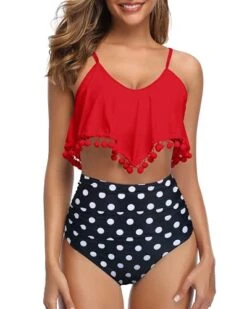 Two Piece Bikini Ruffled Flounce Flowy Top & Ruched High Rise Bottom-Red Dot