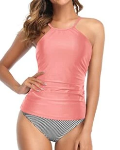 Leg-Lengthening High Cut Two Piece Tankini Swimsuit-Coral Pink Stripe