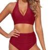 Flattering Ruched High Waisted Two Piece Bikini Set For Women-Red