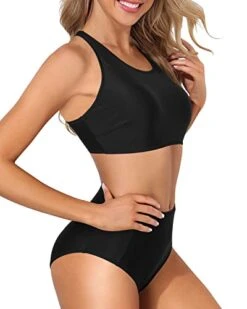 Athletic Crop Top Sporty High Waisted Bikini Set-Black -Bikini Beach Shop 41NtuxkL8CL