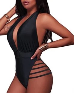 Lace Up Ruffled Off Shoulder Flounce Plunge Deep V Neck One Piece Swimsuits-Black -Bikini Beach Shop 41O noTew2L