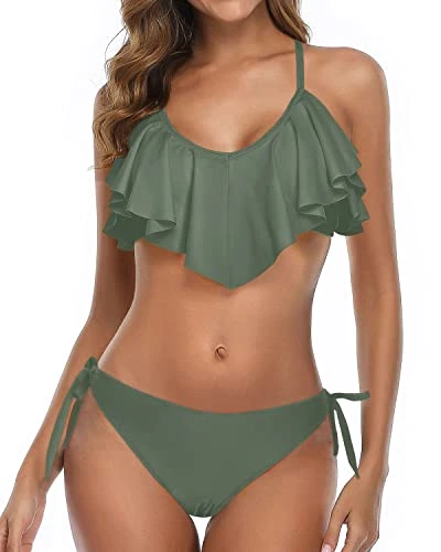 Two Piece Flounce Padded Top Women Cross Back Bathing Suit-Olive Green 1 Two Piece Flounce Padded Top Women Cross Back Bathing Suit-Olive Green
