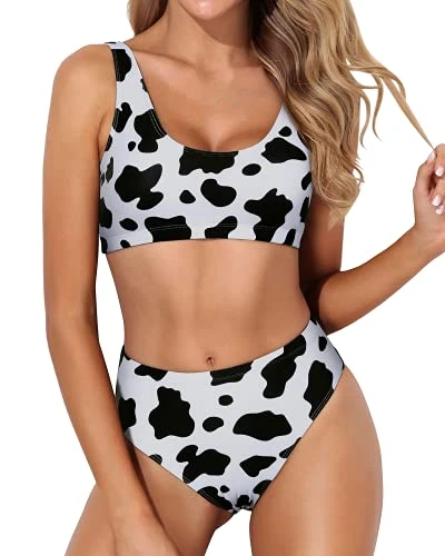 Stretches Torso Two Piece Swimsuit Sports Two Piece Bikini For Women-Black And White Cow Pattern 1 Stretches Torso Two Piece Swimsuit Sports Two Piece Bikini For Women-Black And White Cow Pattern