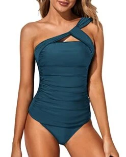 Elegant Two Piece One Shoulder Swim Top Shorts-Teal