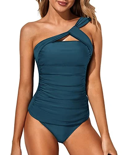 Elegant Two Piece One Shoulder Swim Top Shorts-Teal 1 Elegant Two Piece One Shoulder Swim Top Shorts-Teal