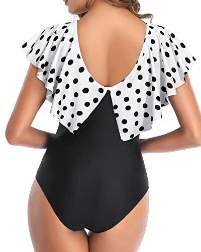 Bathing Suit Ruffle Shoulders For Tummy Control-White Black Polka Dots 2 Bathing Suit Ruffle Shoulders For Tummy Control-White Black Polka Dots - Image 2