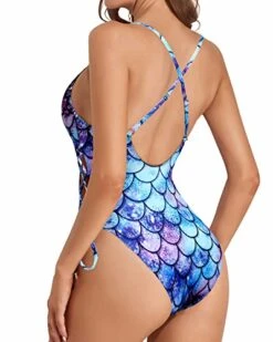 Flattering Lace Up Bathing Suits Womens 1 Piece Swimsuits-Blue-Purple Mermaid Scales -Bikini Beach Shop 41Ocy 25CfL