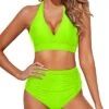 Two Piece Bathing Suit Halter Neckline And Ruched High Waisted Bikini-Neon Green