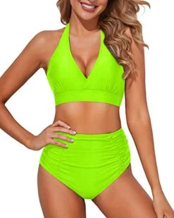 Two Piece Bathing Suit Halter Neckline And Ruched High Waisted Bikini-Neon Green