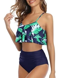 Sexy Ruffle High Waisted Ruched Women's 2 Piece Bikini Set-Blue Leaf -Bikini Beach Shop 41OlRE QreL