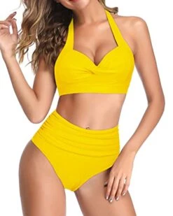 Vintage Halter Ruched High Waist Swimsuit Sets For Women-Neon Yellow -Bikini Beach Shop 41OnNEtWxaL addf093a 3d60 46cc 97d7 8da168d6971e