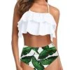 Vintage Halter Bikini Ruffled Tummy Control Bottoms-White Leaf