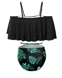 Adjustable Strap Ruffle Bikini Set For Women Tummy Control Bottoms-Black Leaf -Bikini Beach Shop 41P1z1cBsML