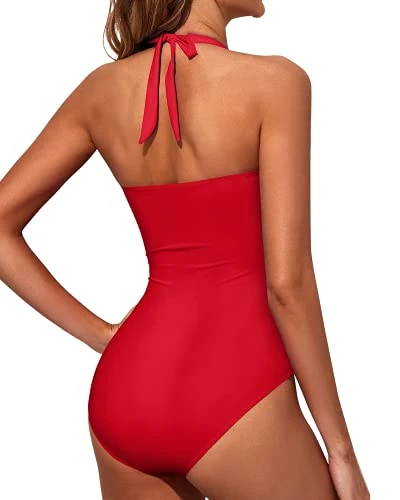 Ruched Pattern Swimsuits Halter Vintage Swimwear-Red 4 Ruched Pattern Swimsuits Halter Vintage Swimwear-Red - Image 4