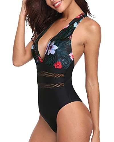Comfy Padded Push Up V Neck One Piece Swimsuits-Black Floral 4 Comfy Padded Push Up V Neck One Piece Swimsuits-Black Floral - Image 4