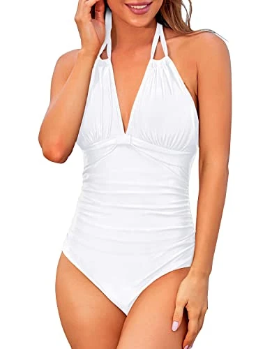 Sexy Ruched Slimming Bathing Suits Backless Swimwear-White 4 Sexy Ruched Slimming Bathing Suits Backless Swimwear-White - Image 4