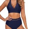 High Waisted Halter Bikini Padded Bra Two Piece Swimsuits-Navy Blue