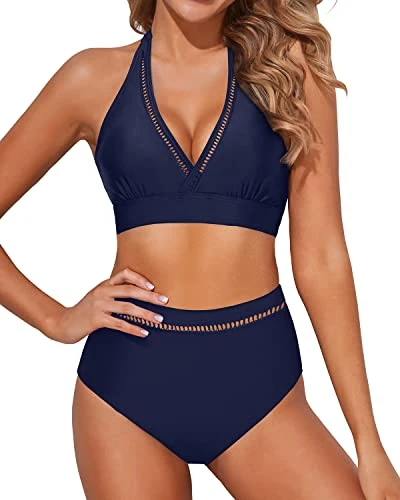 High Waisted Halter Bikini Padded Bra Two Piece Swimsuits-Navy Blue 1 High Waisted Halter Bikini Padded Bra Two Piece Swimsuits-Navy Blue
