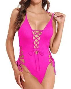 Criss Cross Strappy Sexy One Piece Swimsuit For Women-Neon Pink 6 Criss Cross Strappy Sexy One Piece Swimsuit For Women-Neon Pink -Bikini Beach Shop 41PPruJCCcL