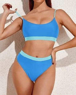 Tummy Control & Slimming High Waisted Bikini Sporty Scoop Neck Swimsuits-Light Blue And Light Green -Bikini Beach Shop 41PdbwxI8GL